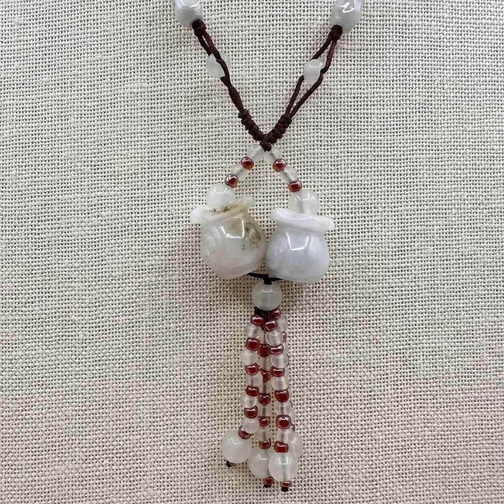 Vintage 90s Brown Cord Necklace Double Money Bag Glass Tassel Pendant Jewelry